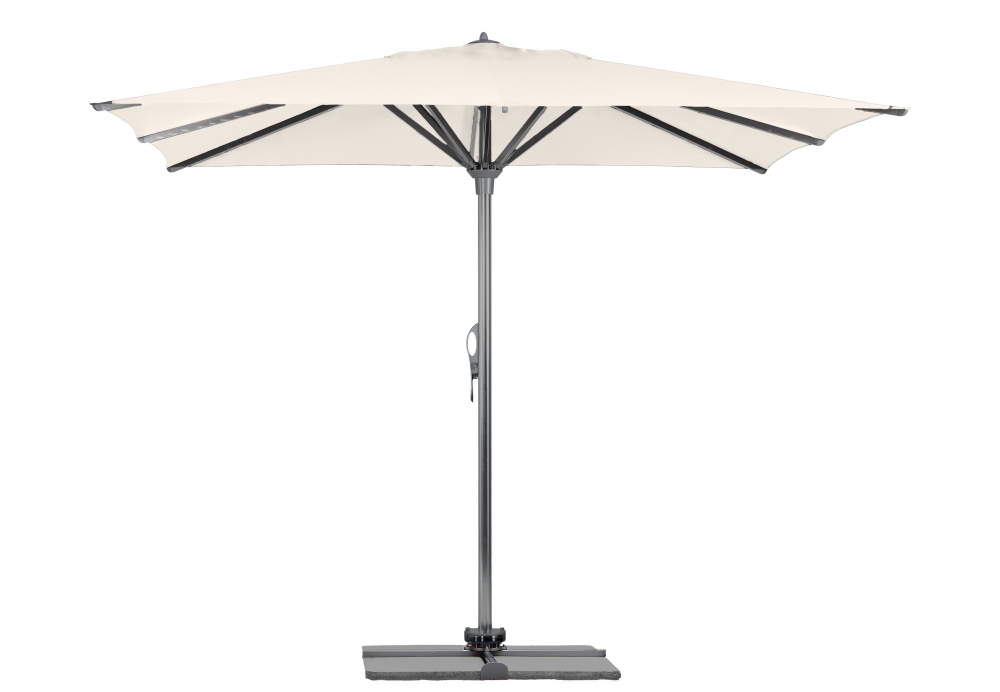 Parasol Rio + Housse + Pied en croix Géant Terrasse Piscine Jardin Plage Droit Carré 400x400 Acrylique sunbrella premium Natural Gris mât