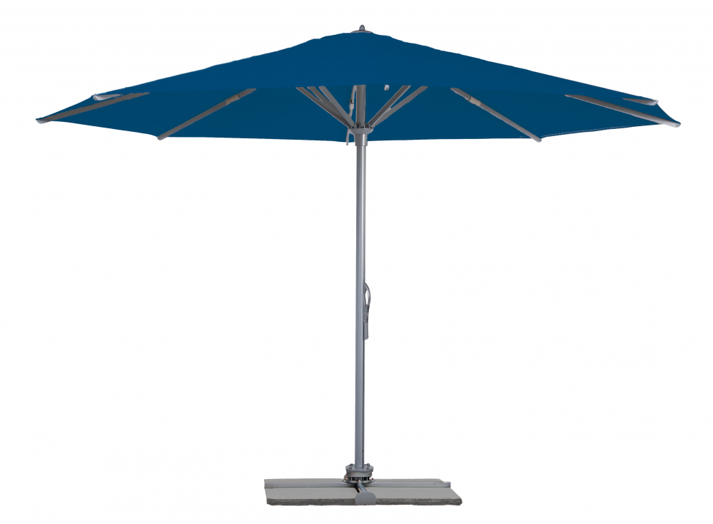 Parasol Rio + Housse + Pied en croix Géant Terrasse Piscine Jardin Plage Droit Rond Acrylique sunbrella premium Ø 400 Riviera blue Gris mât