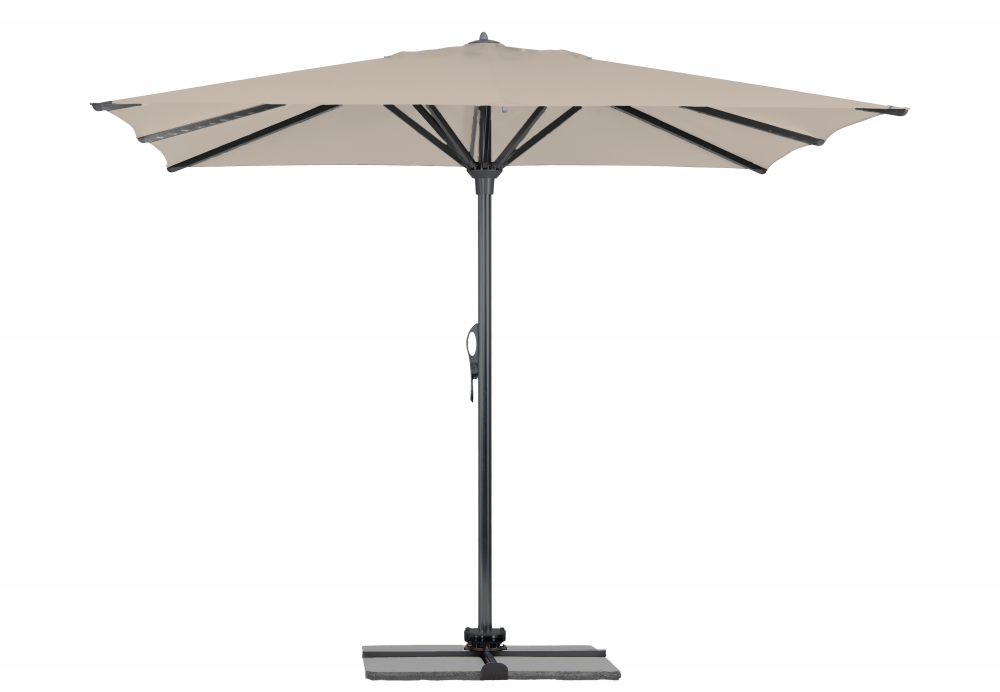Parasol Rio + Housse + Pied en croix Géant Terrasse Piscine Jardin Plage Droit Carré 400x400 Acrylique relax Sand Gris foncé mât