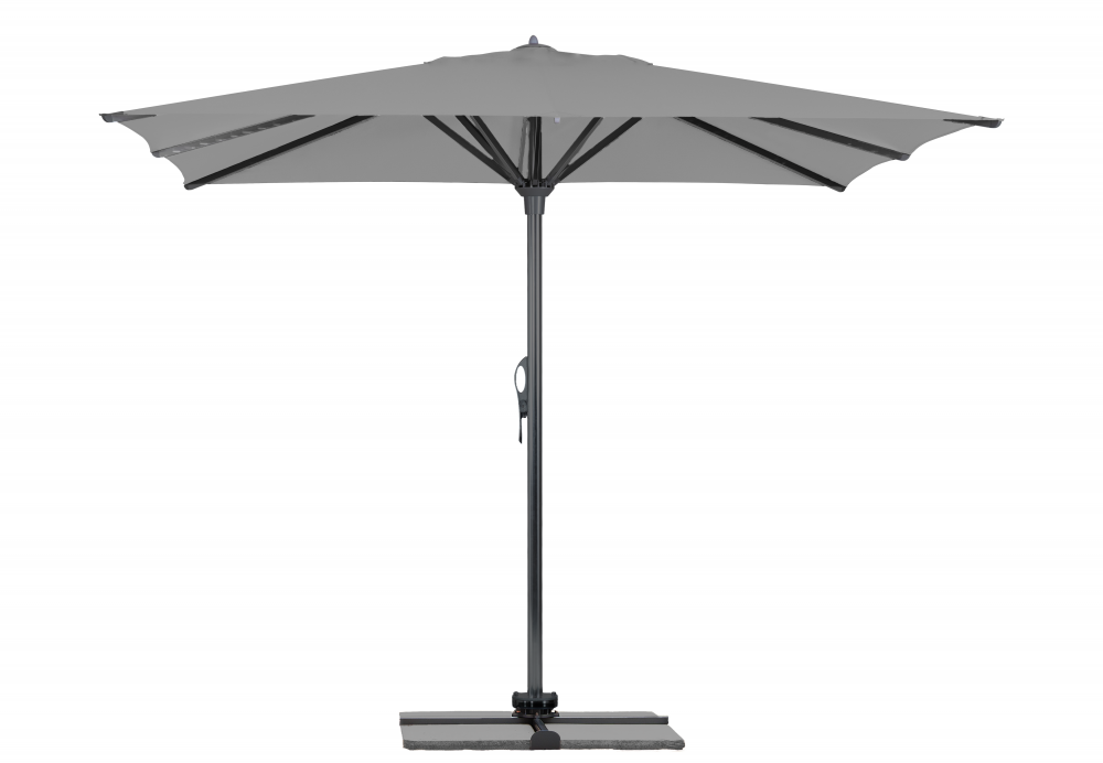 Parasol Rio + Housse + Pied en croix Géant Terrasse Piscine Jardin Plage Droit Carré 400x400 Acrylique relax Stone Gris foncé mât